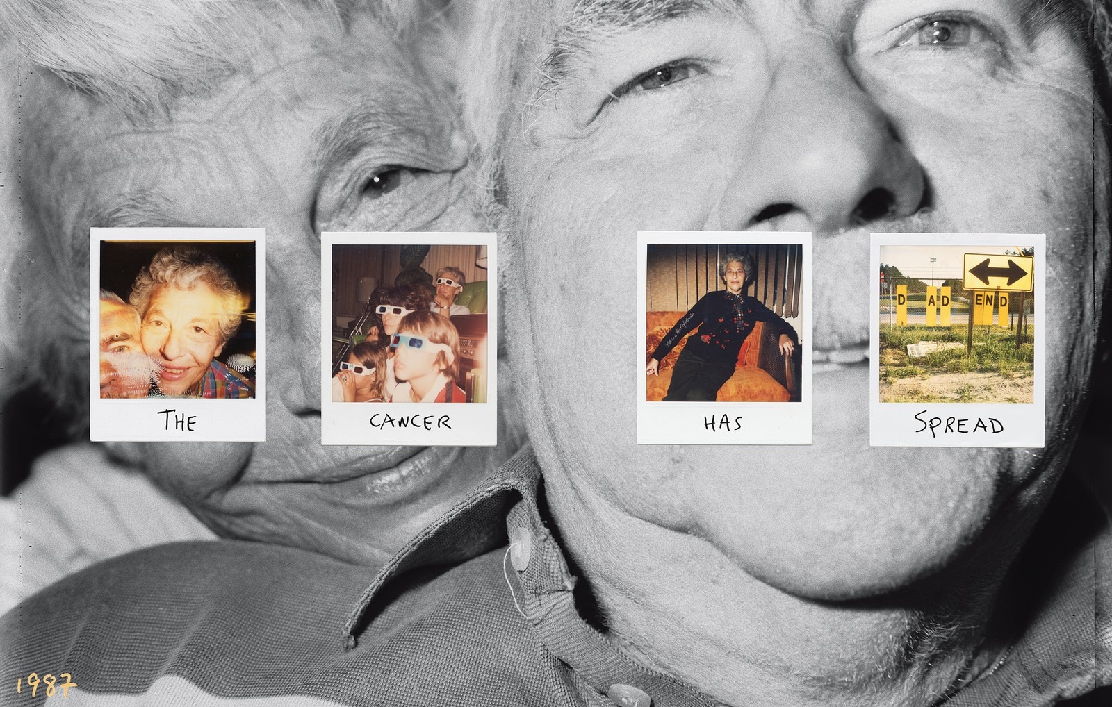 four polaroids reading 'the cancer has spread' superimposed over a black-and-white image of an older man and woman embracing