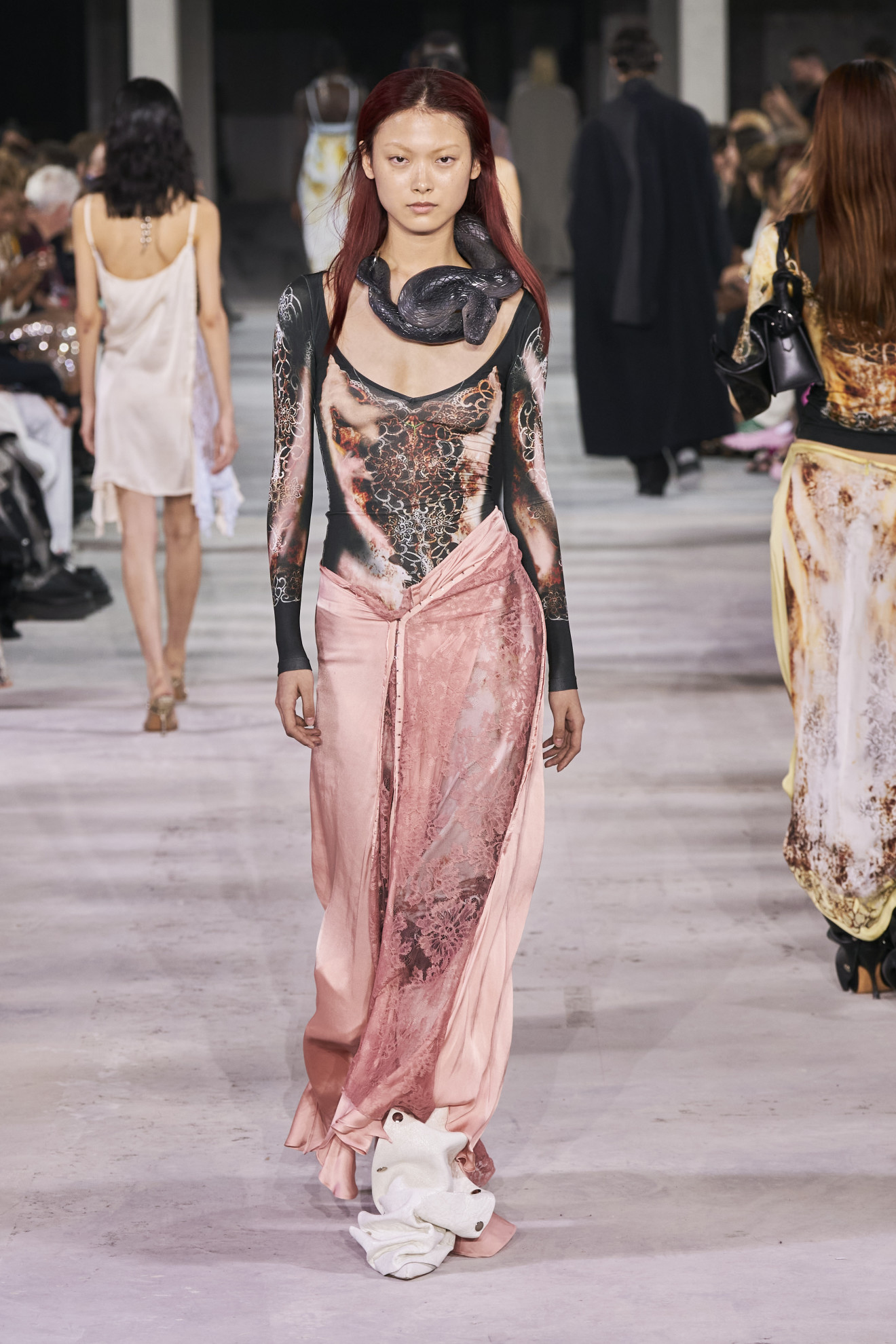 Halloween costume inspiration of a model dressed as a snake charmer on the Y/Project SS24 runway