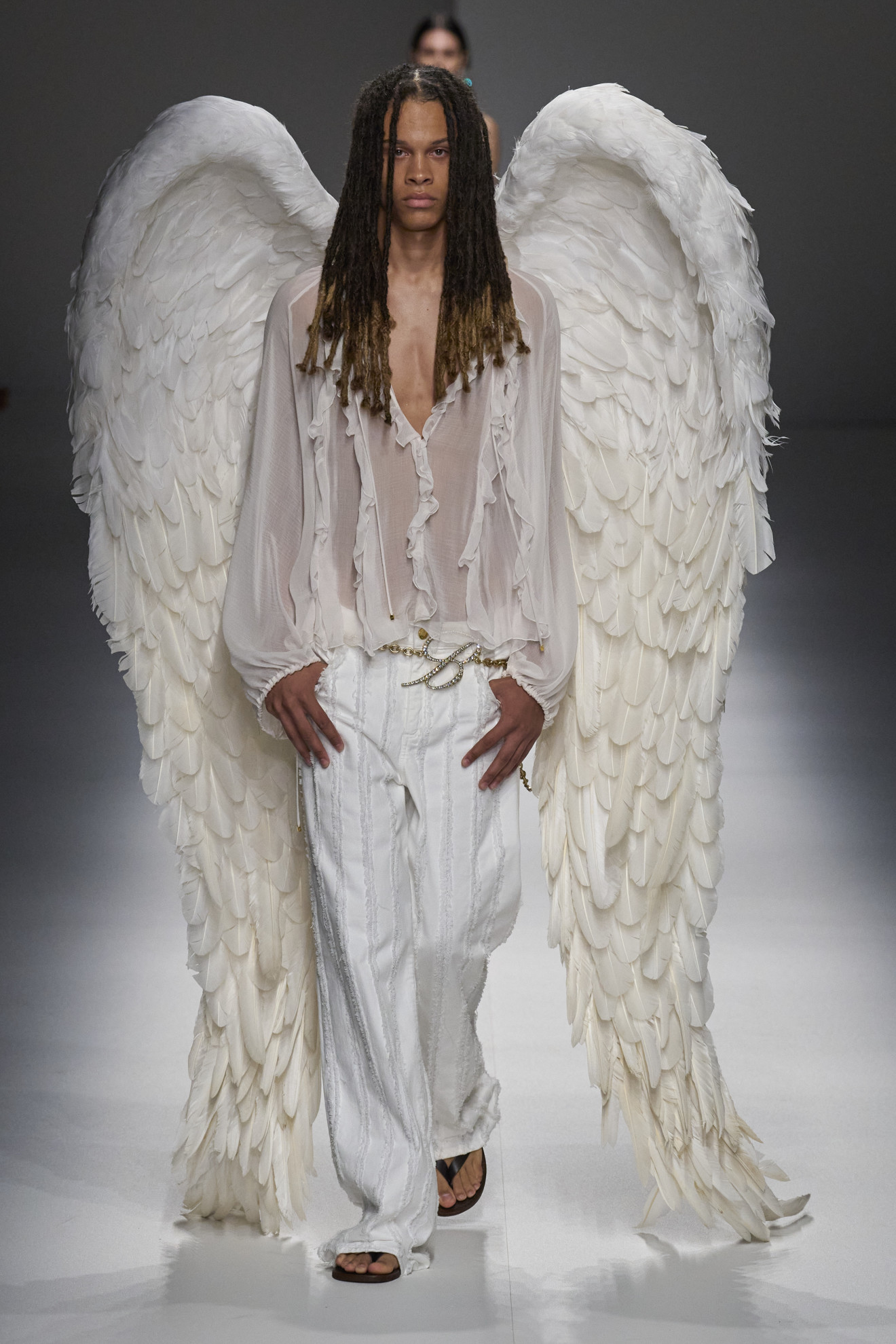 Halloween costume inspiration of a model dressed as an angel on the Blumarine SS24 runway