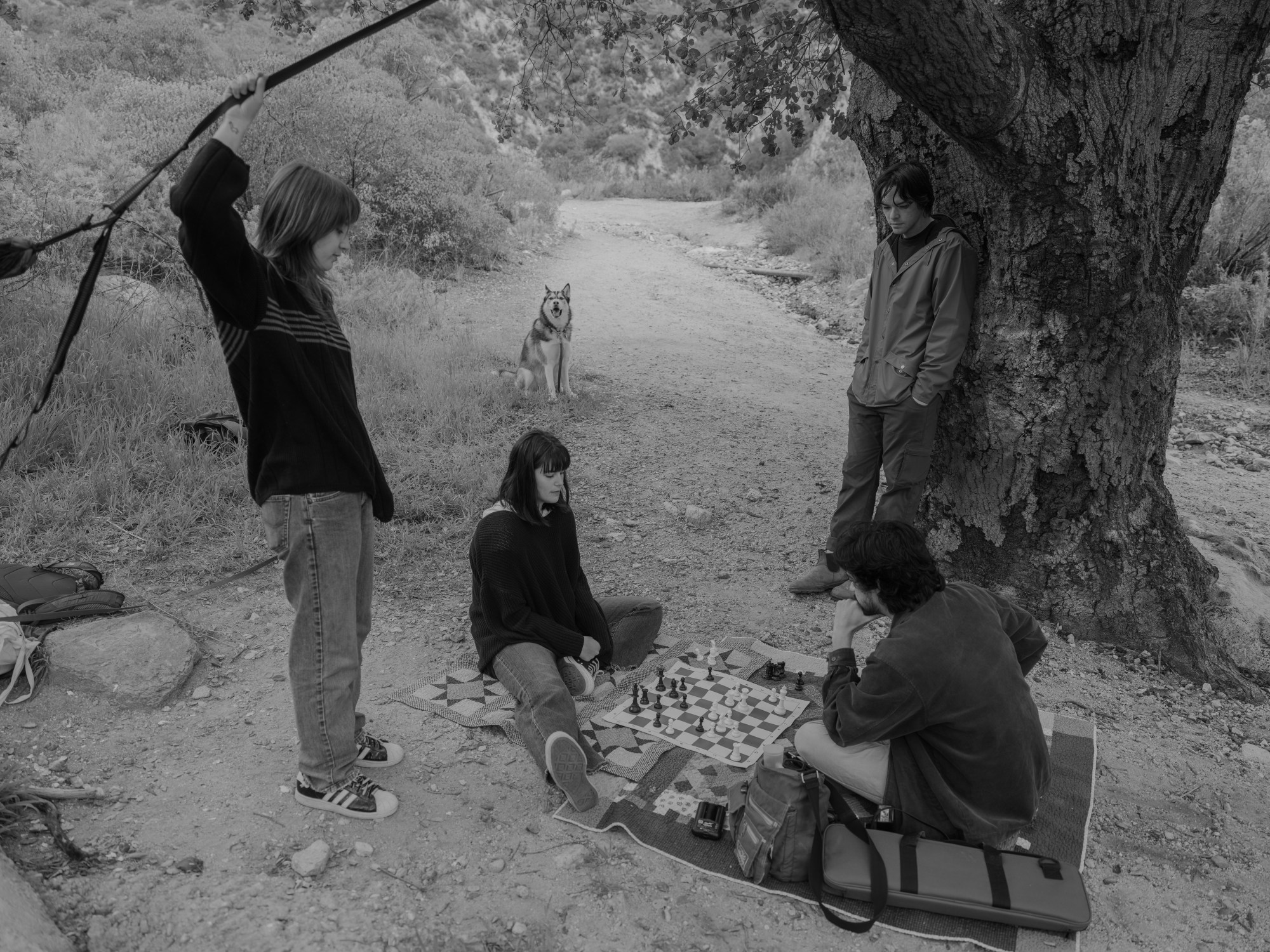 a group of younf people playing chess under trees in the mountains photographed by stephen ross goldstein