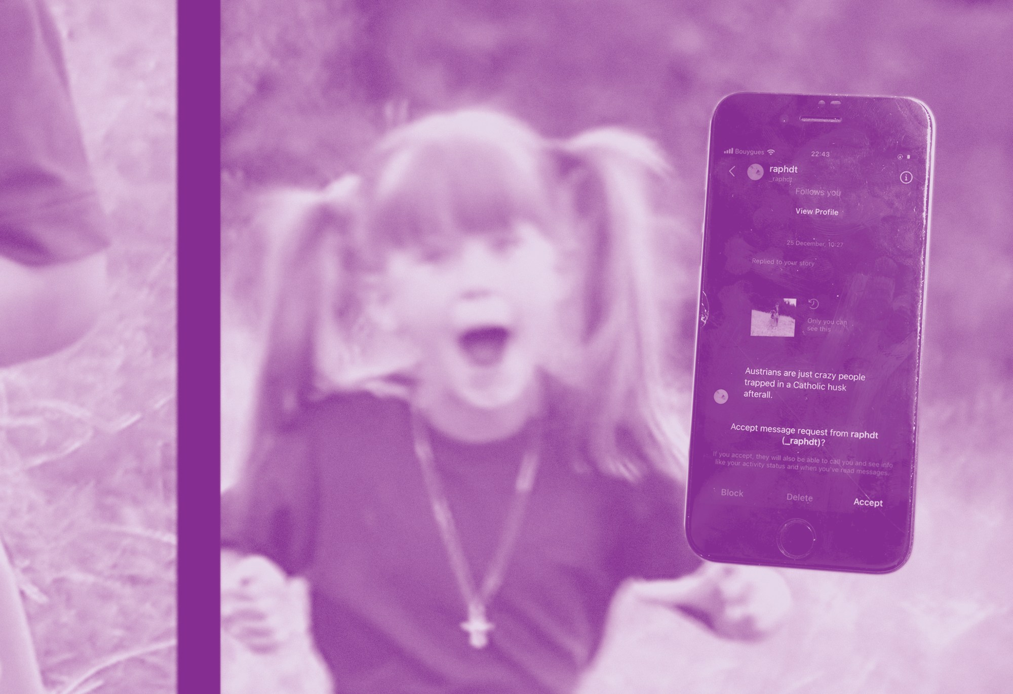 a purple-toned blurred image of a young girl wearing a cross necklace; a phone displays a DM reading Austrians are just crazy people trapped in a Catholic husk