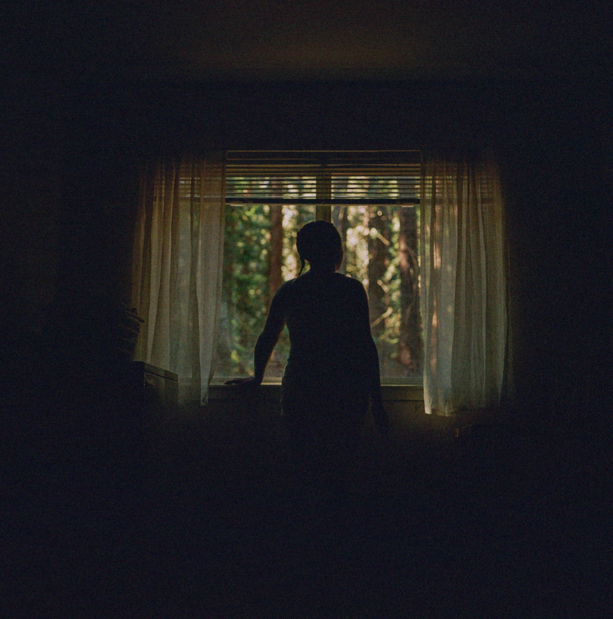 a woman in a dark looks out the window into a lush forest