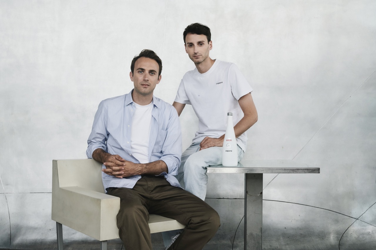 Coperni’s CEO Arnaud Vaillant and creative director Sébastien Meyer with the Coperni Evian Water bottle