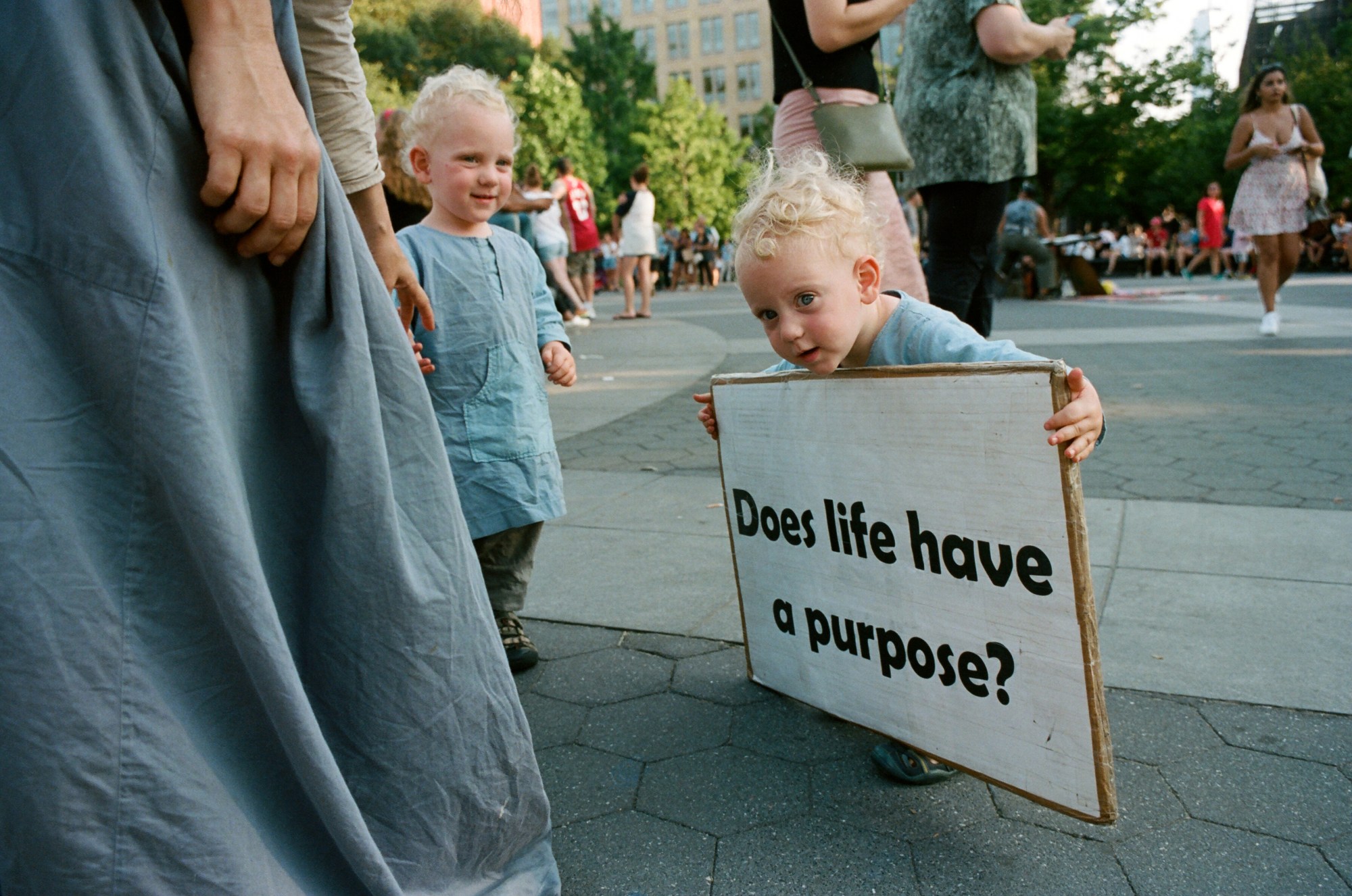 a blonde child stands in washington square park holding a sign that reads 'does life have a purpose'