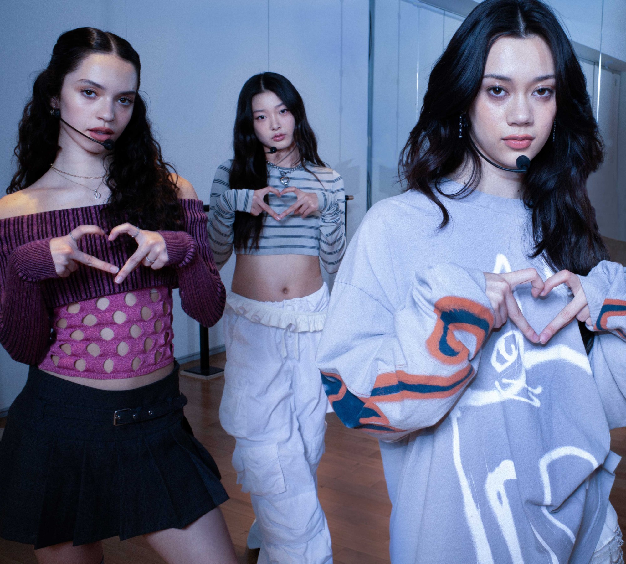 Katseye girlband members Daniela, Yoonchae and Megan from The Debut: Dream Academy, photographed for i-D magazine by Jeannie Sui Wonders