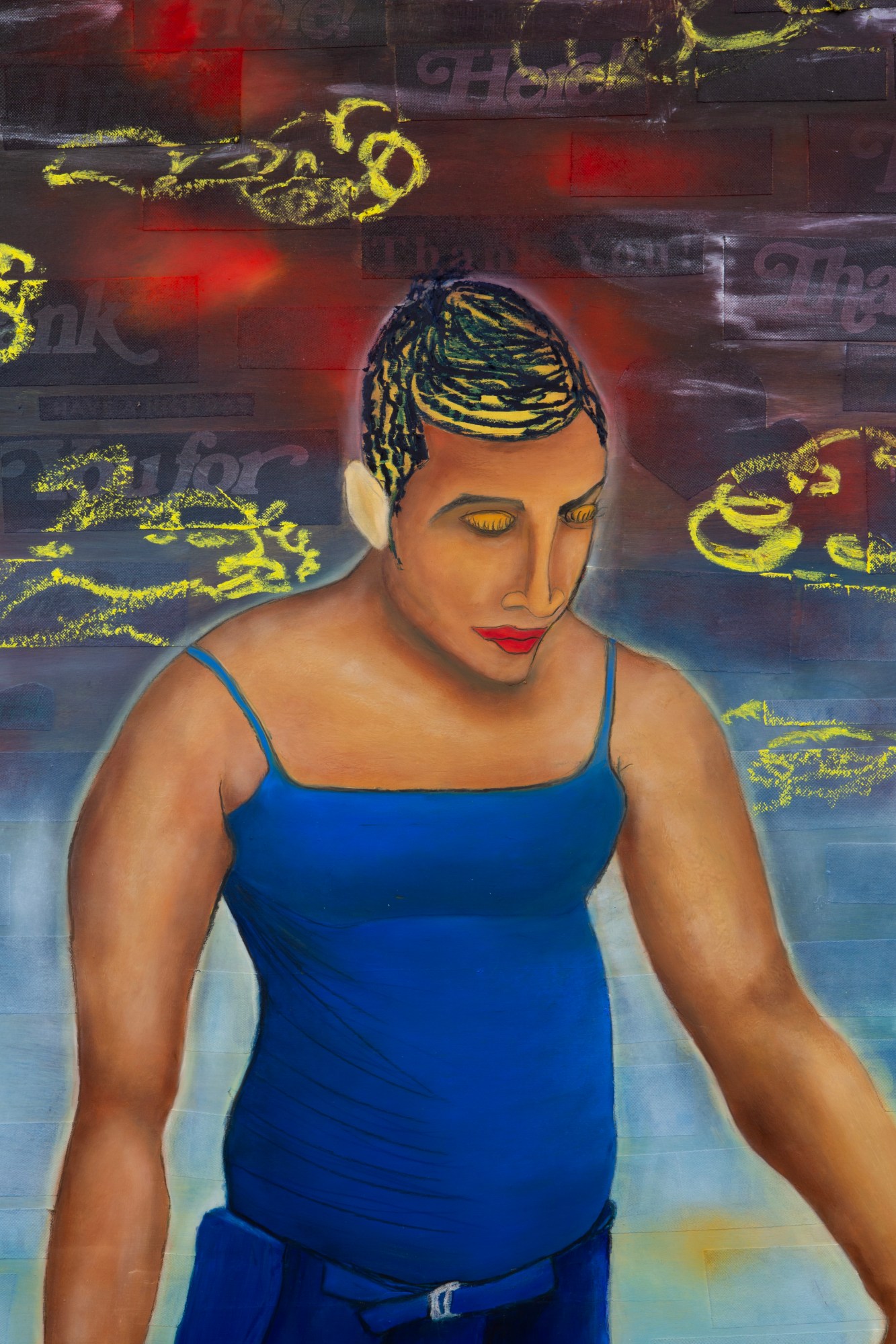 a painting of a person with brown skin wearing a cobalt blue vest top and red lipstick; they're backed by a collage sky of faded newspaper headlines and scrawled yellow clouds