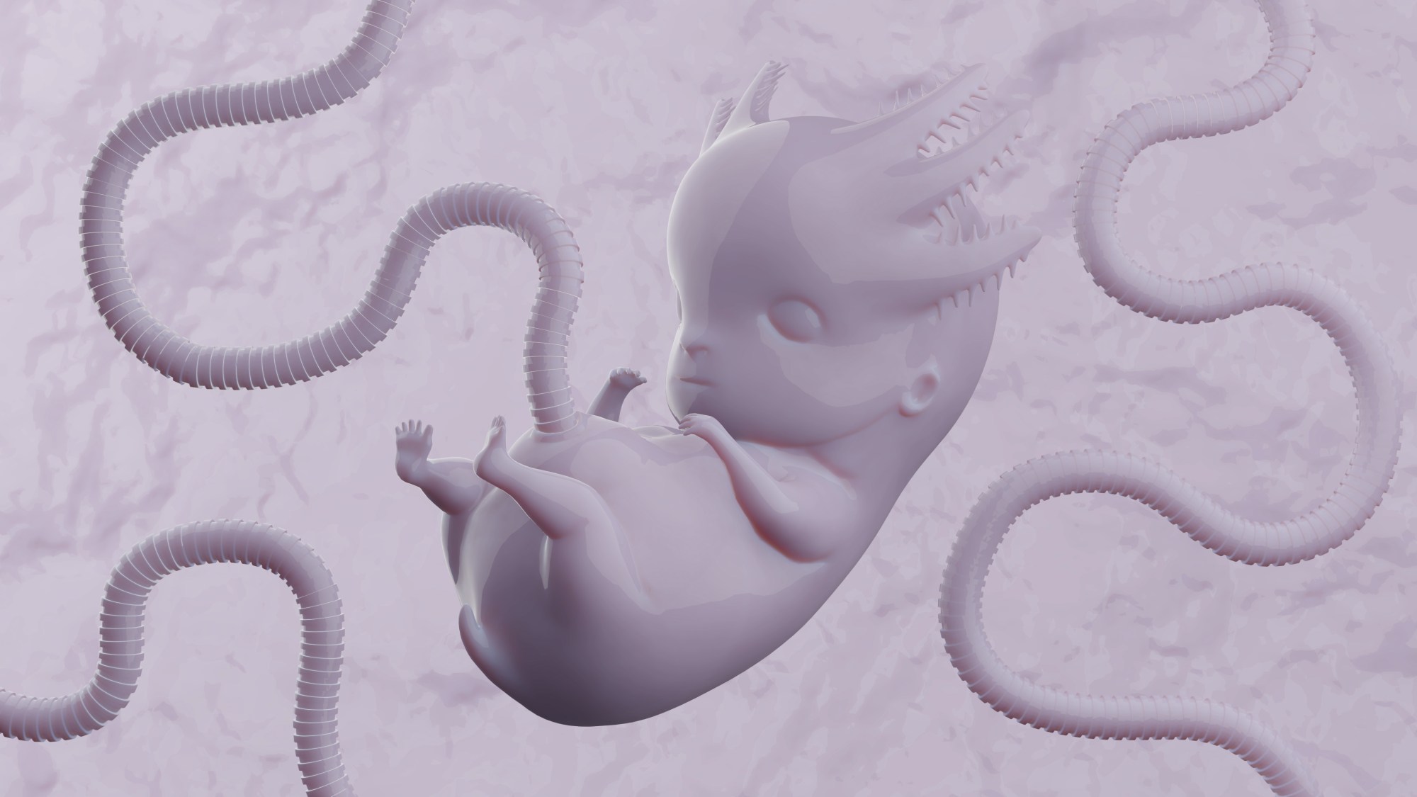 a lilac coloured cgi human / axolotl fetus hybrid floating