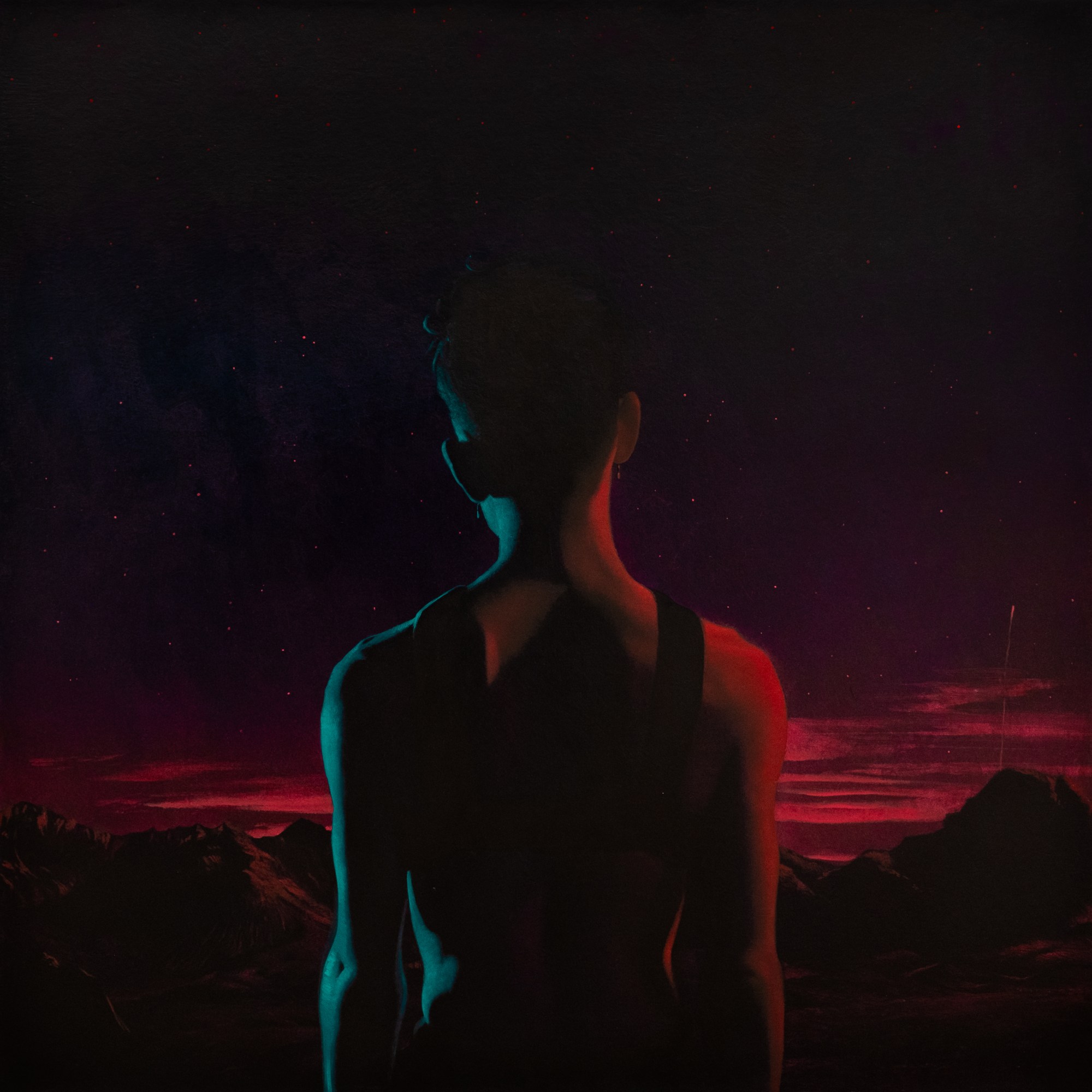 a dark painting of a topless young man with cropped hair wearing dungarees; he's facing away, towards a red sunset over the mountains