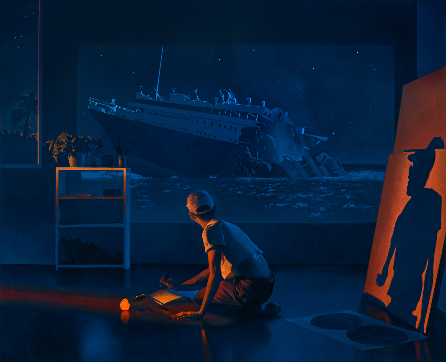 a painting of a man in a cap sitting on the floor drawing, watching a projection of the film titanic on the wall of his home