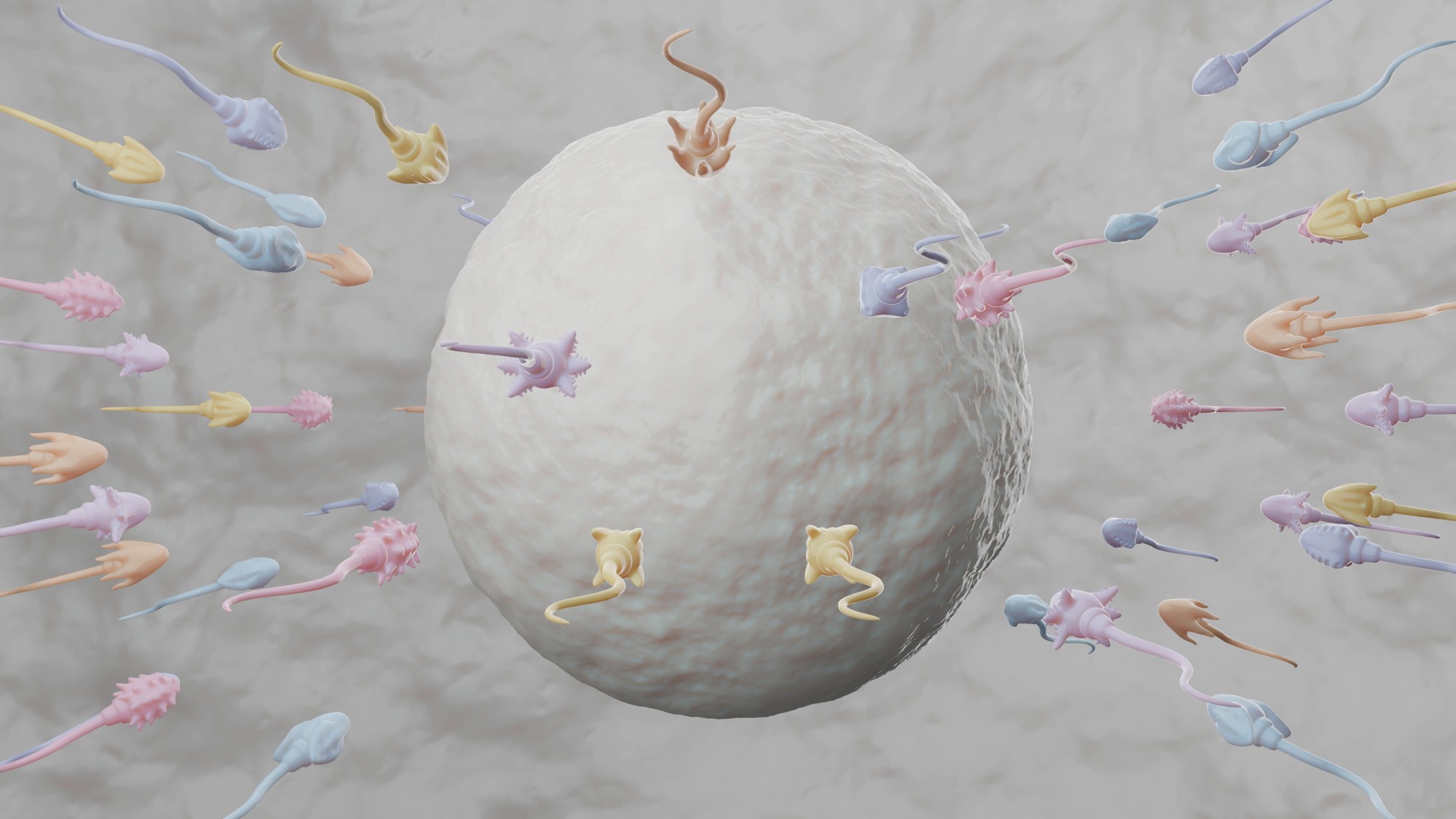 a cgi image of an human egg with dozens of pastel-coloured sperm-like creatures swimming towards it