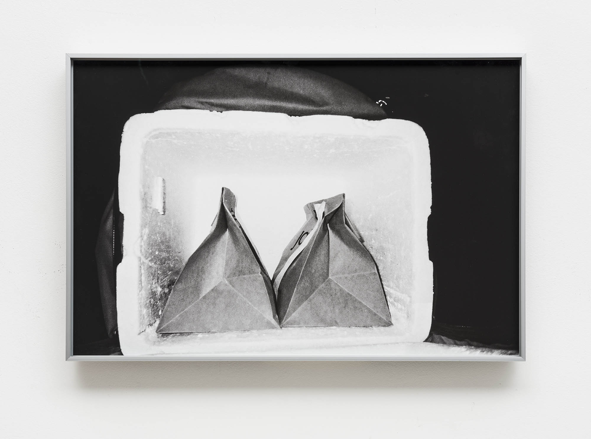 a b&w photograph of a delivery box containing two paper bags of food