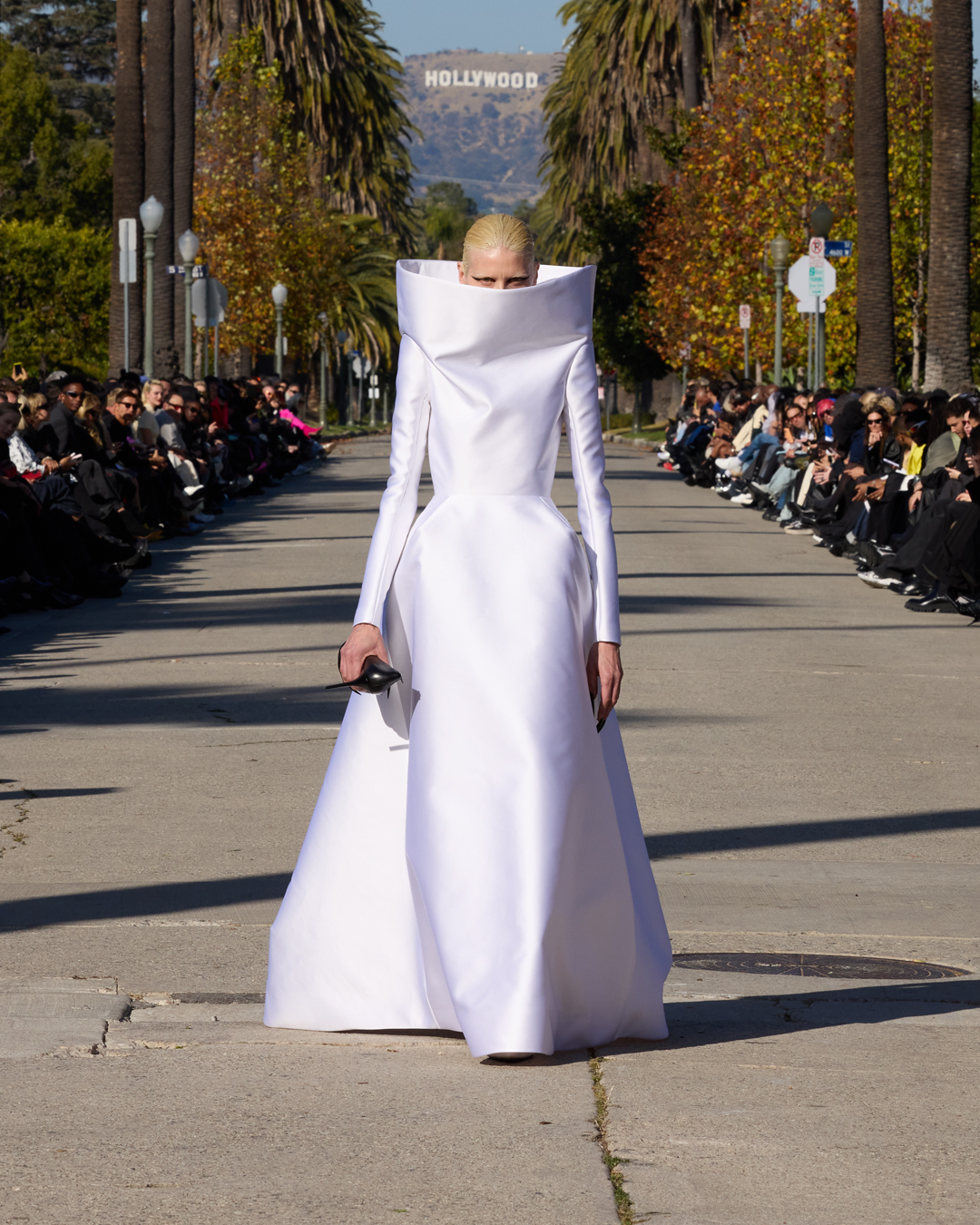 Model walking for Balenciaga pre-fall 2024 in LA