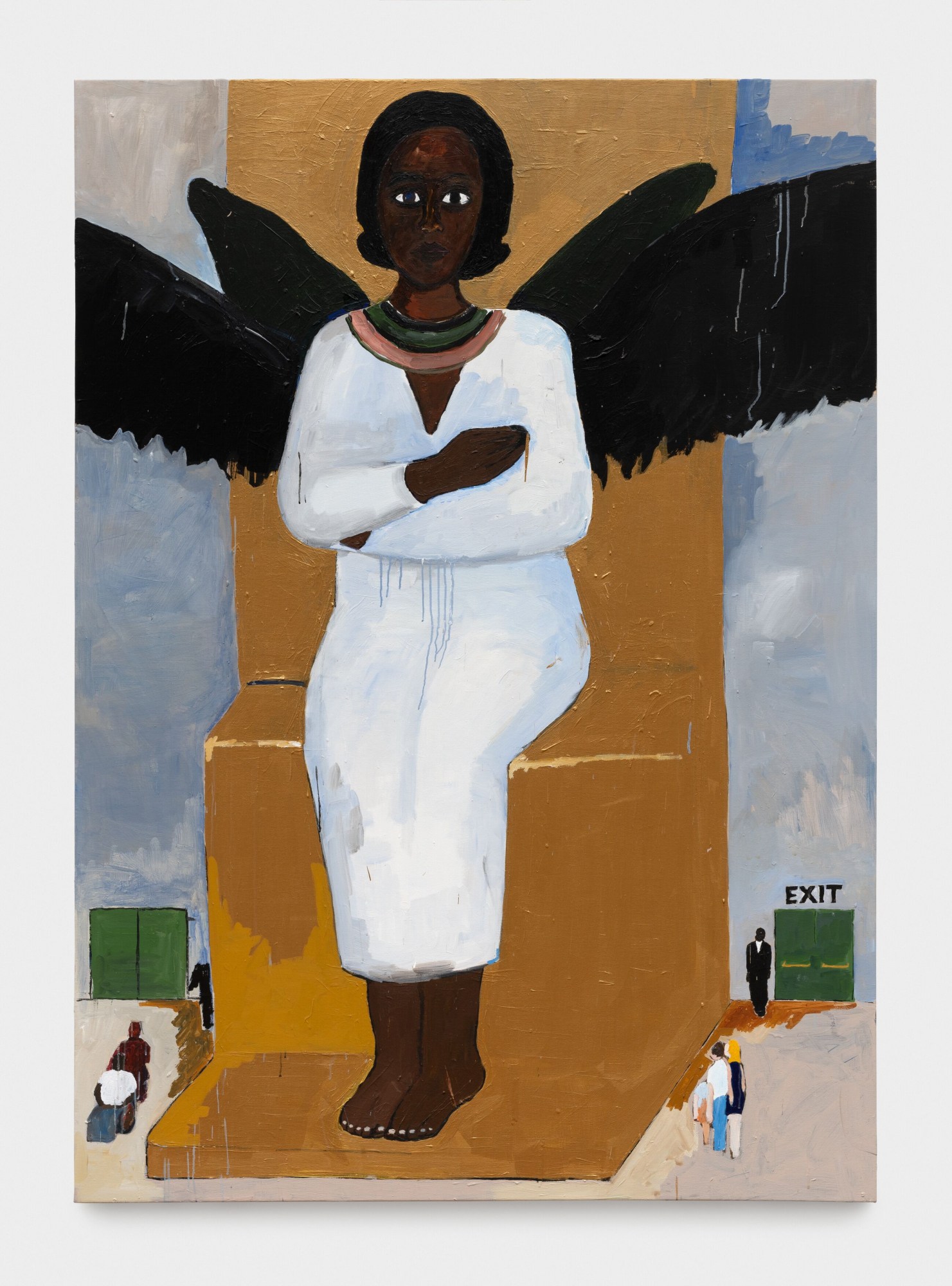 a woman in a white dress with black angel wings