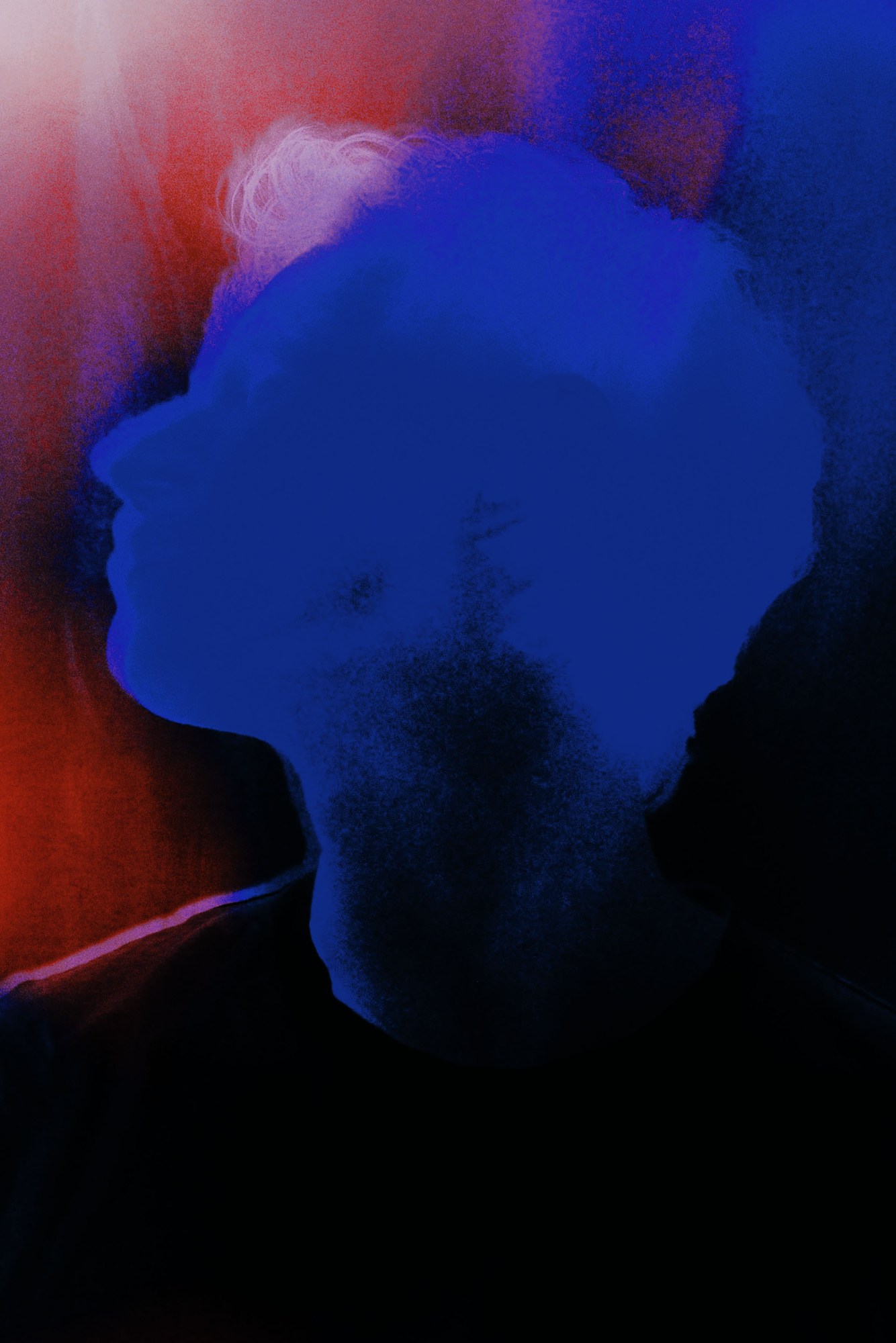 blurry image of a face in silhouette seen in hues of pinks and blues