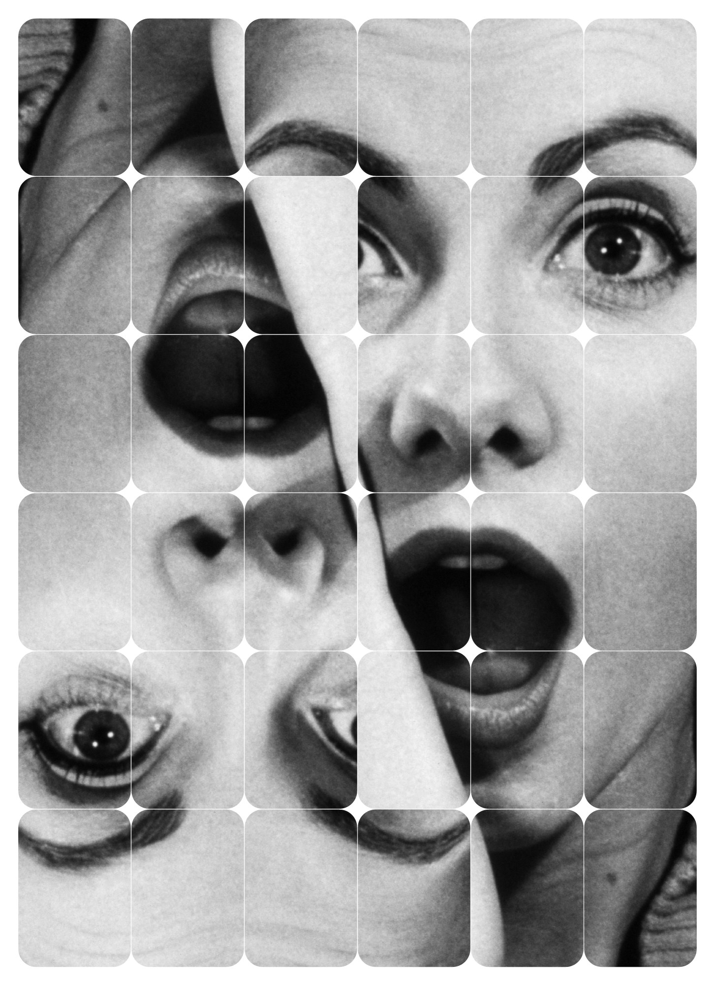 tiled black-and-white images of two shocked women's faces