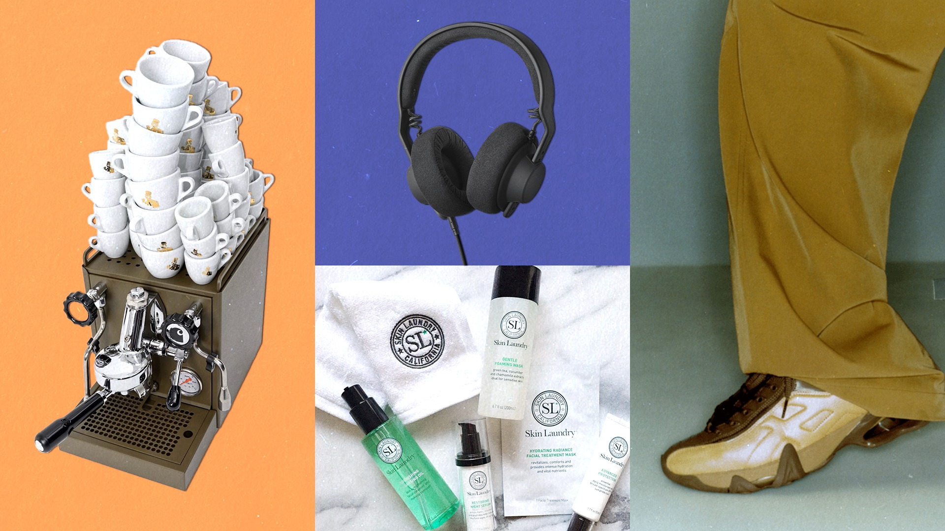 collage of a coffee machine, headphones, trainers and beauty products