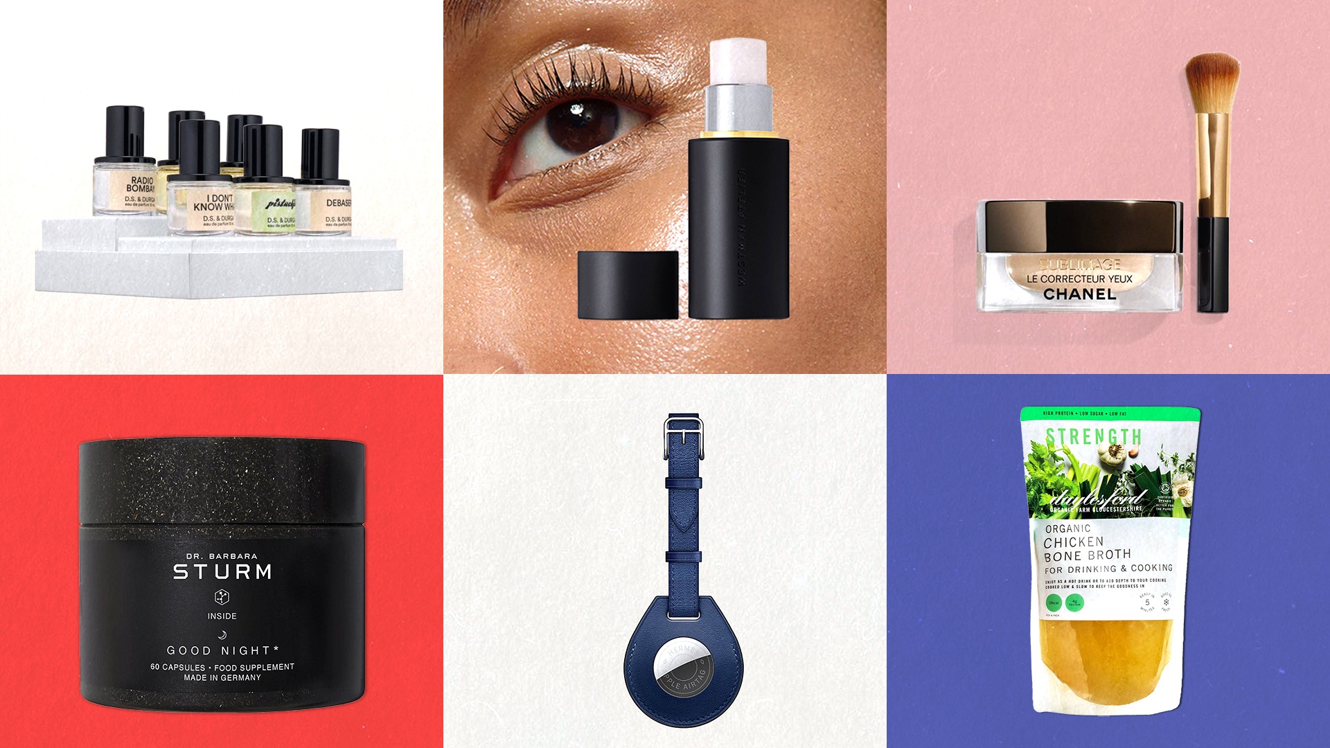 collage of skincare products on six coloured squares