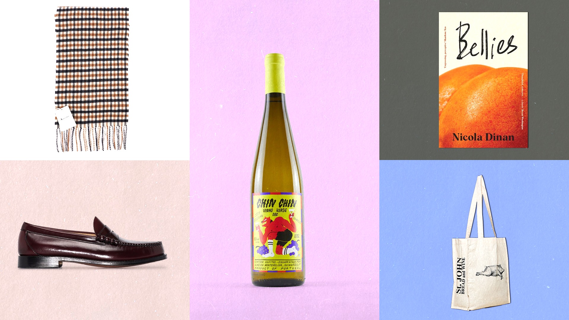 coloured collage of scarf, loafers, tote bag, book and natural wine