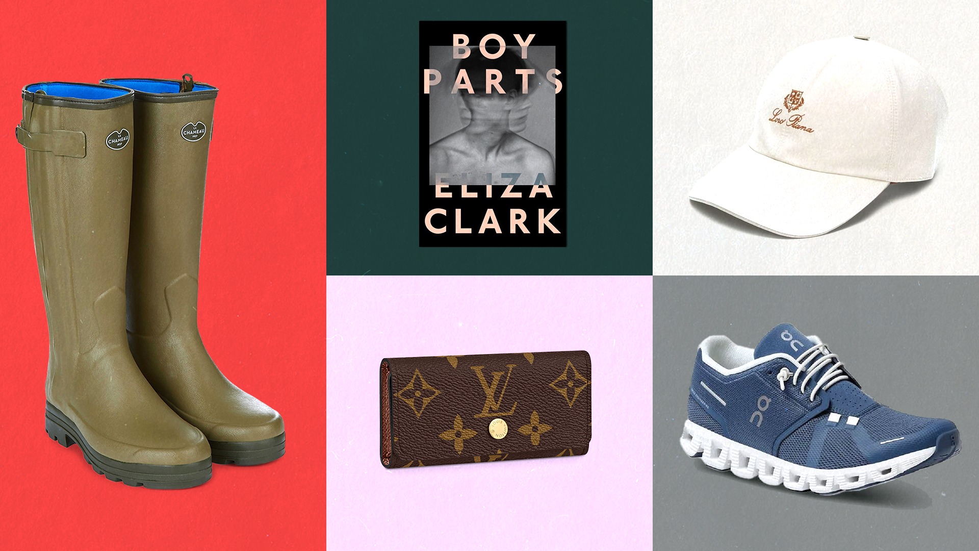 collage of welly boots, white loro piana hat, louis vuitton wallet, on running trainers, boy parts by eliza clark