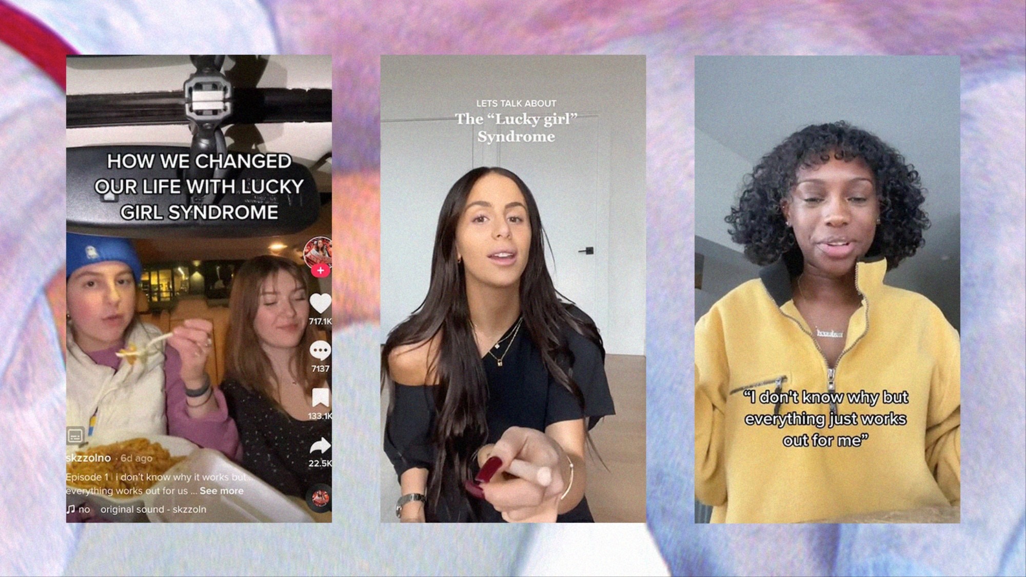 three images of lucky girl syndrome tiktok videos on a pink backrgound