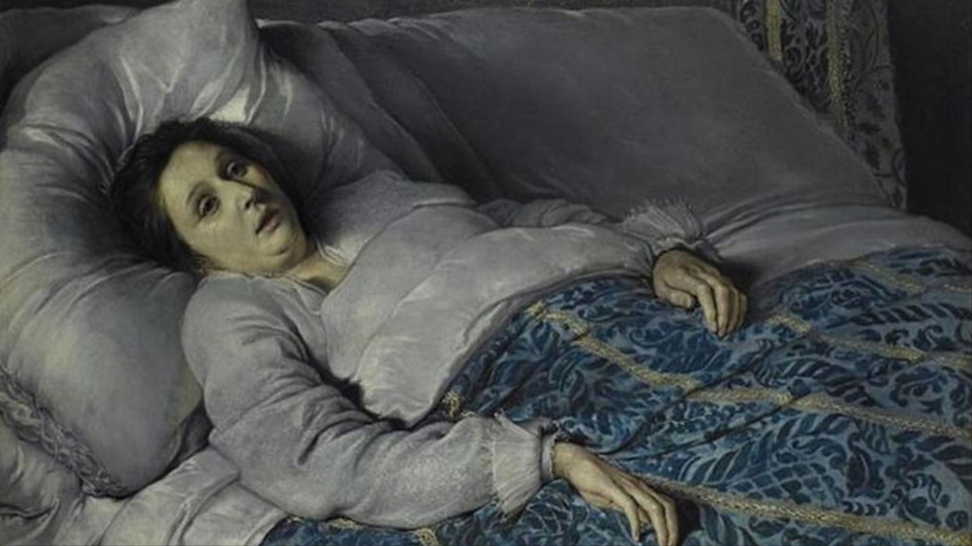 a victorian painting of a sick woman lying in bed under a blue patterned quilt