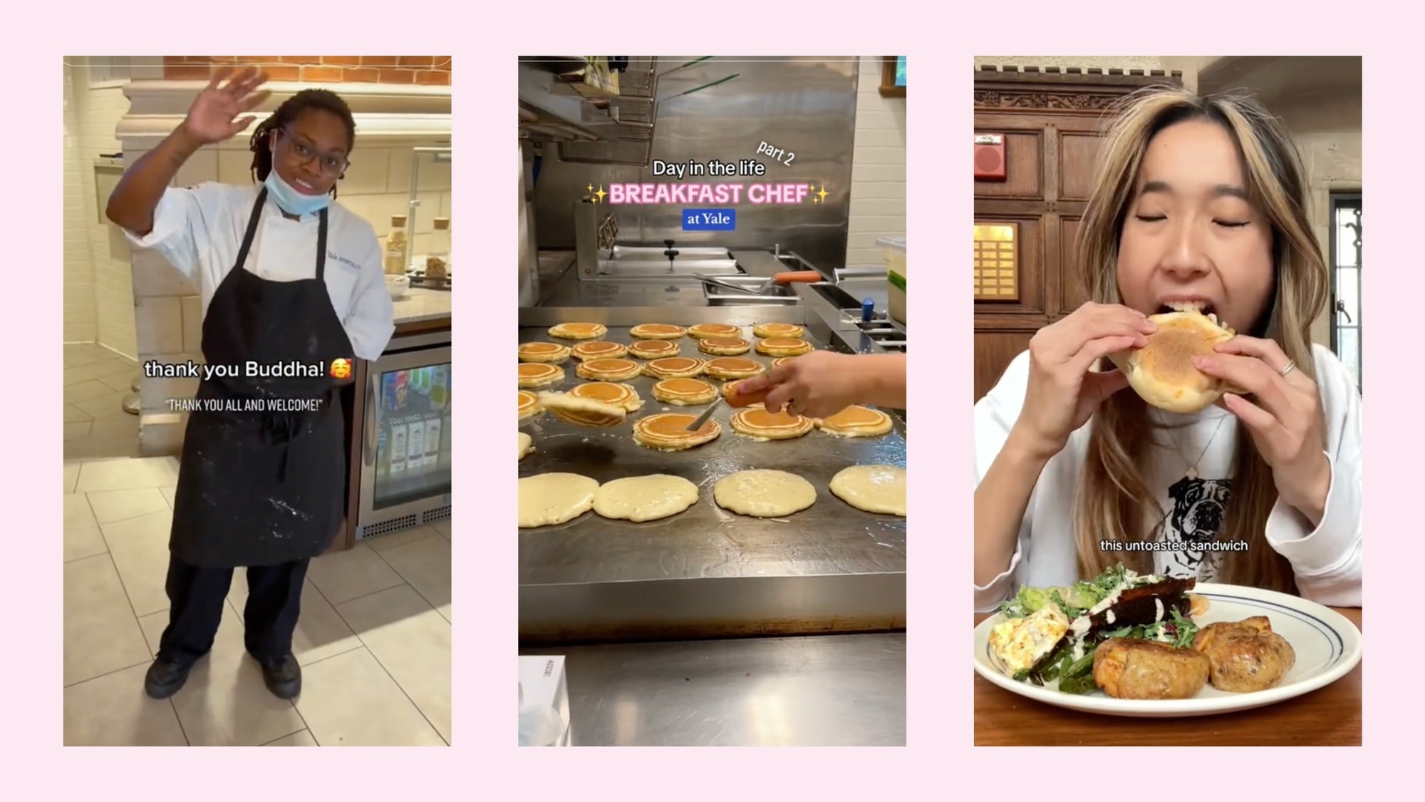 three tiktok videos showing ivy league cafeteria food on a pale pink background