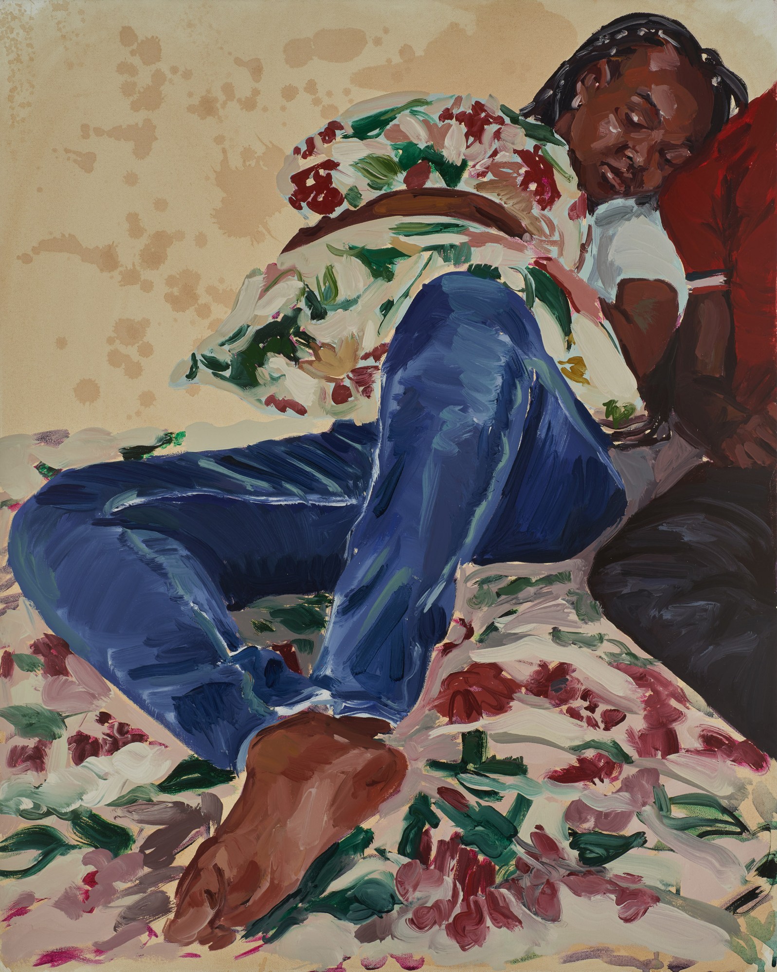 a painting by wangari mathenge of a woman lying on floral sheets sleeping. she is hugging a pillow and wearing a t-shirt and jeans