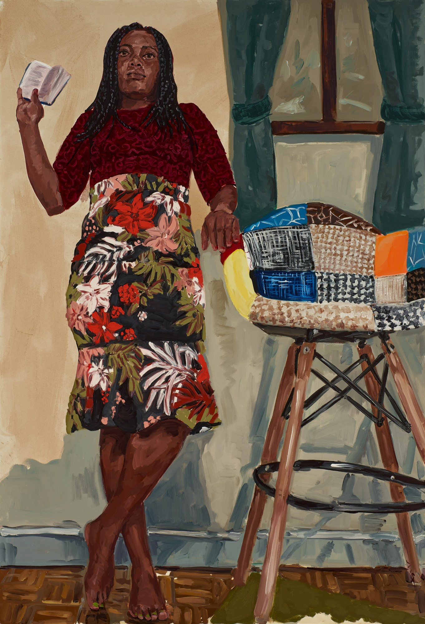 a painting of a woman in a floral skirt stands barefoot in a room with wooden floors. she has braided hair and is looking away from the artist. she holds a book open at a certain page, showing it to the artist.