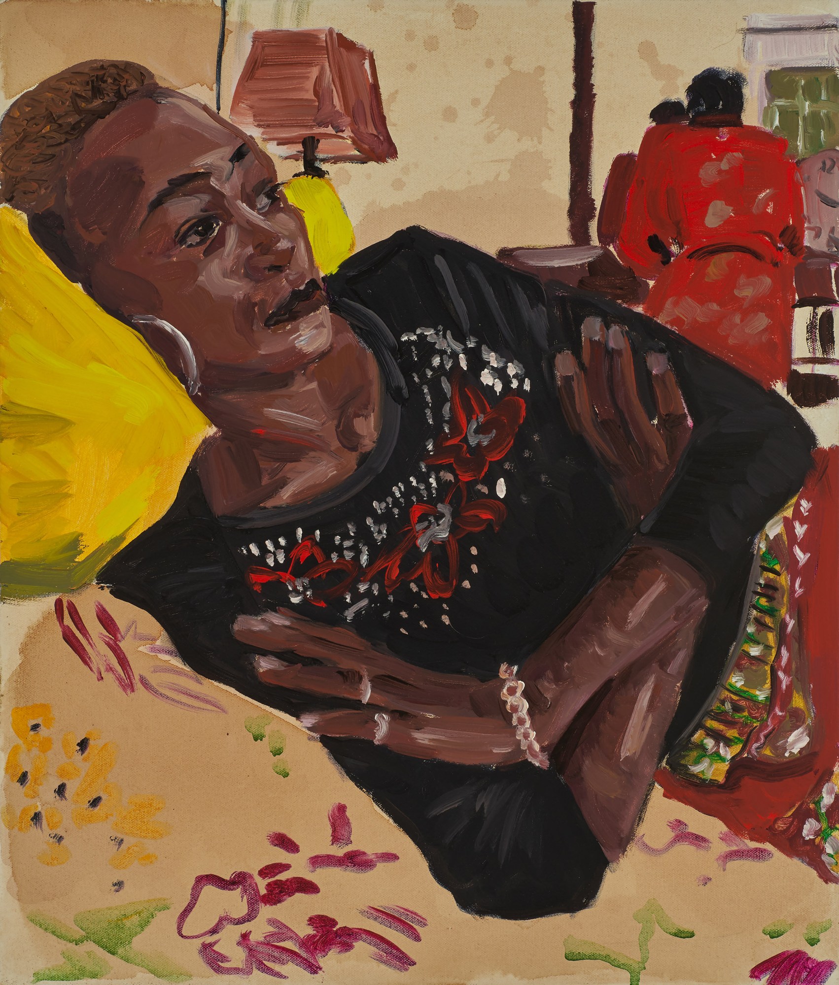 a painting of a woman wearing a black embroidere top crossing her arms laying on a bed. a woman behind her in a red dress is looking in a mirror