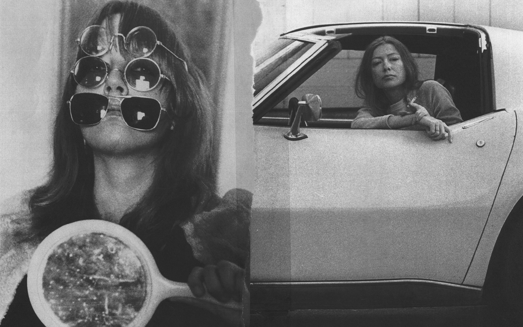 A diptych showing black and white images of the writer Eve Babtiz on the left, wearing sunglasses and holding a mirror. On the right, the writer Joan Didion leans from a car window.