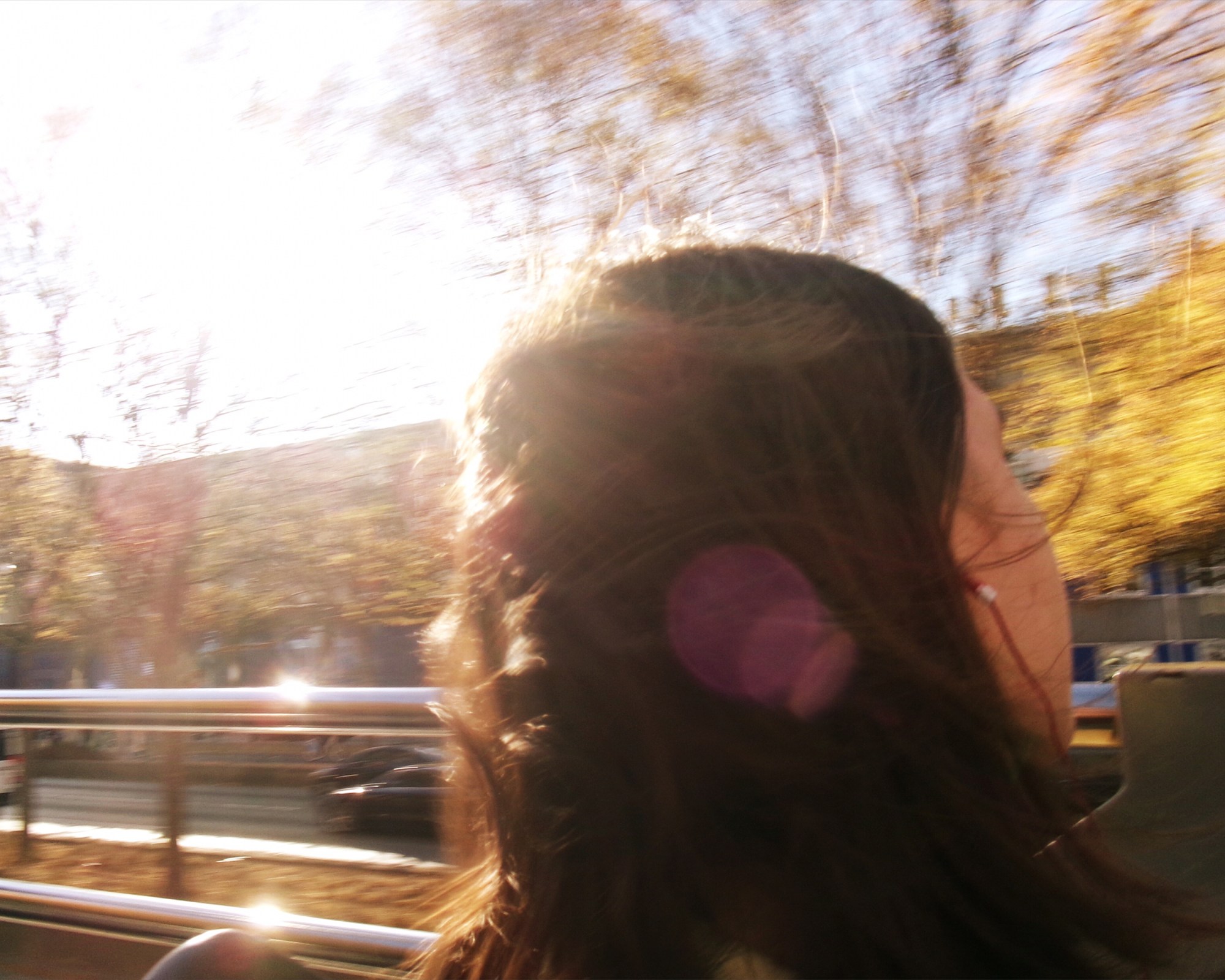 A woman wearing headphones as a landscape rushes by