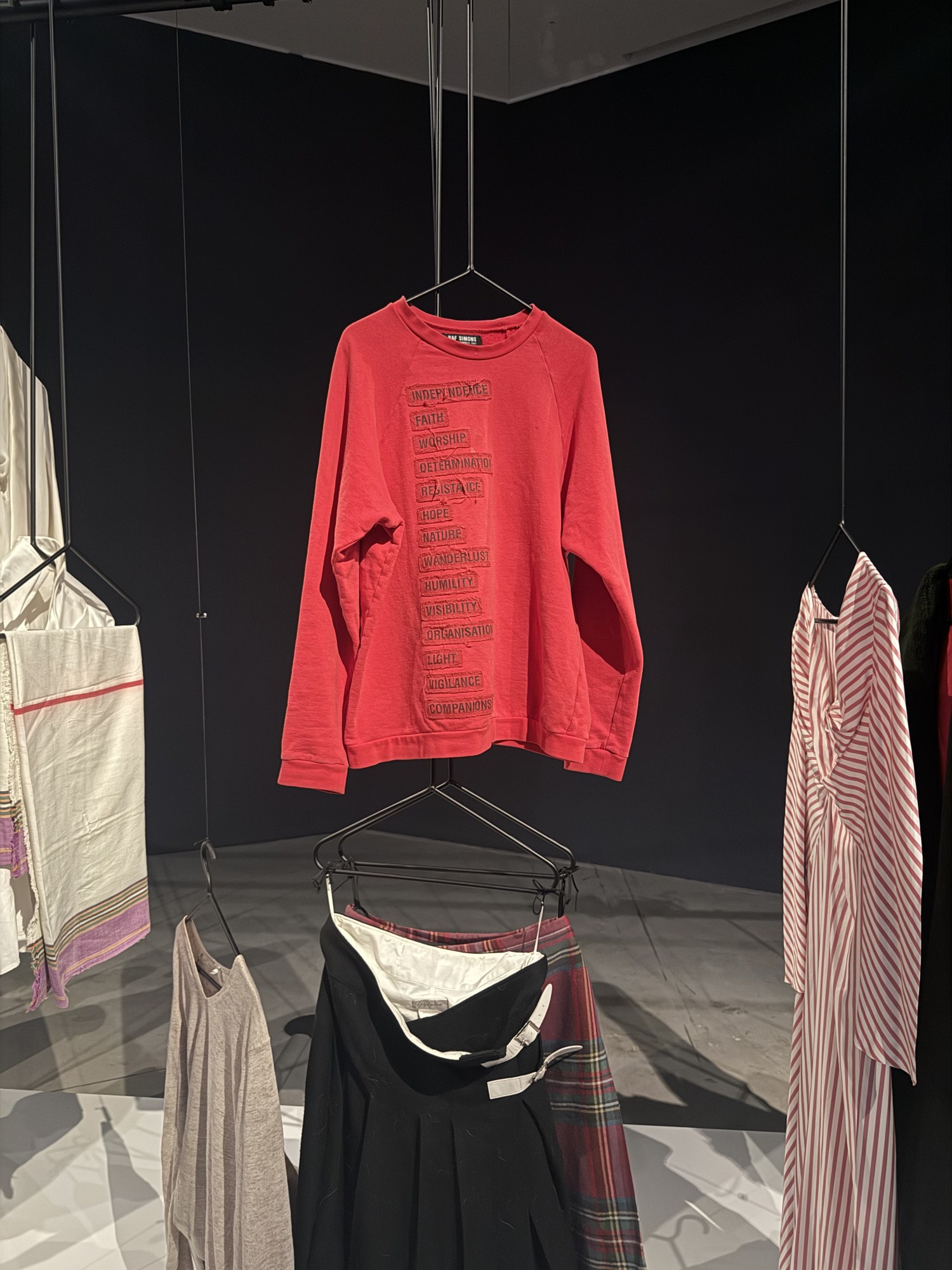 raf simons jumper from a biographical wardrobe from tilda swinton's ongoing exhibition in amsterdam eye filmmuseum