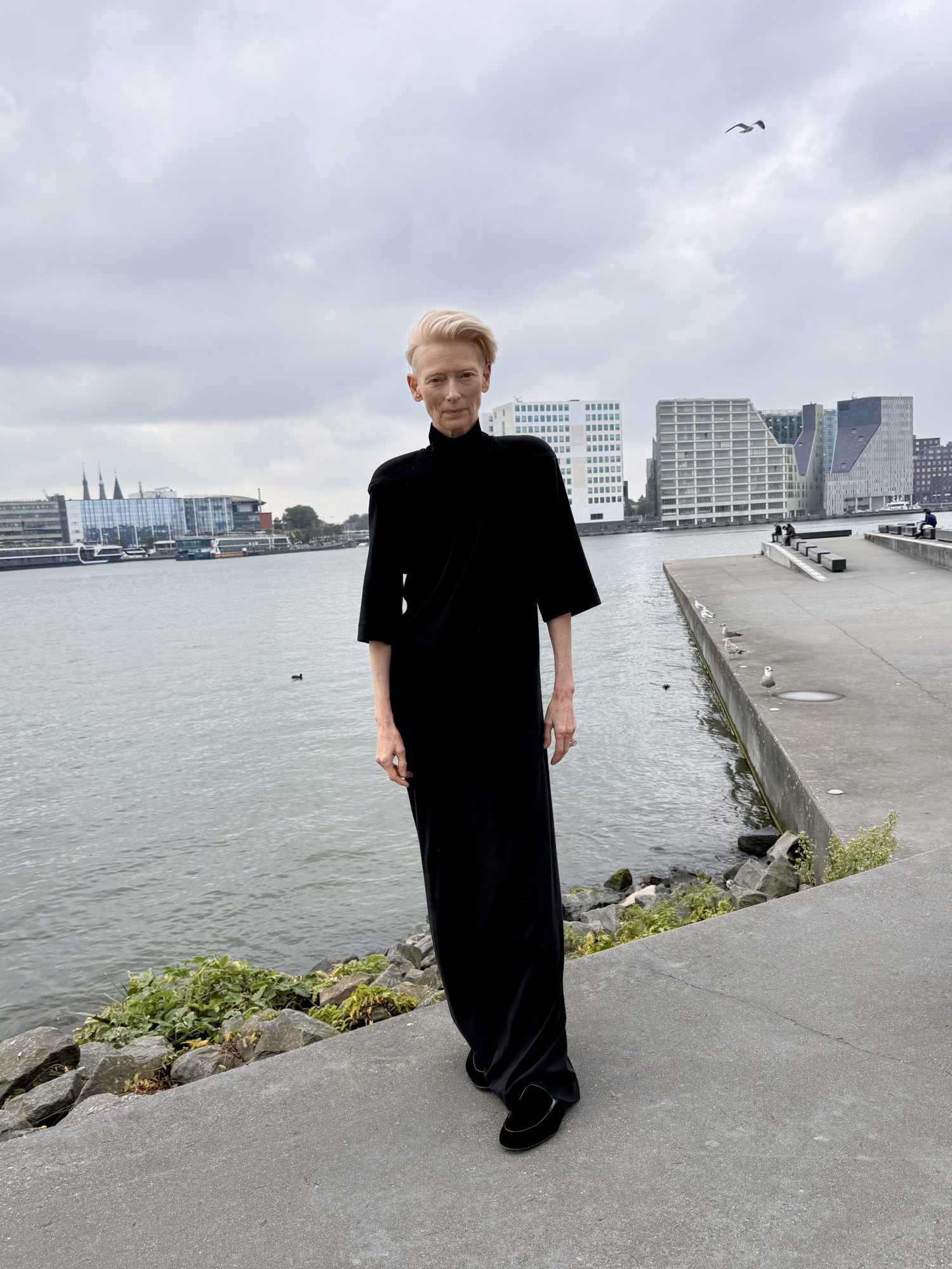tilda swinton portrait at the eye filmmuseum in 2025 against the water in amsterdam