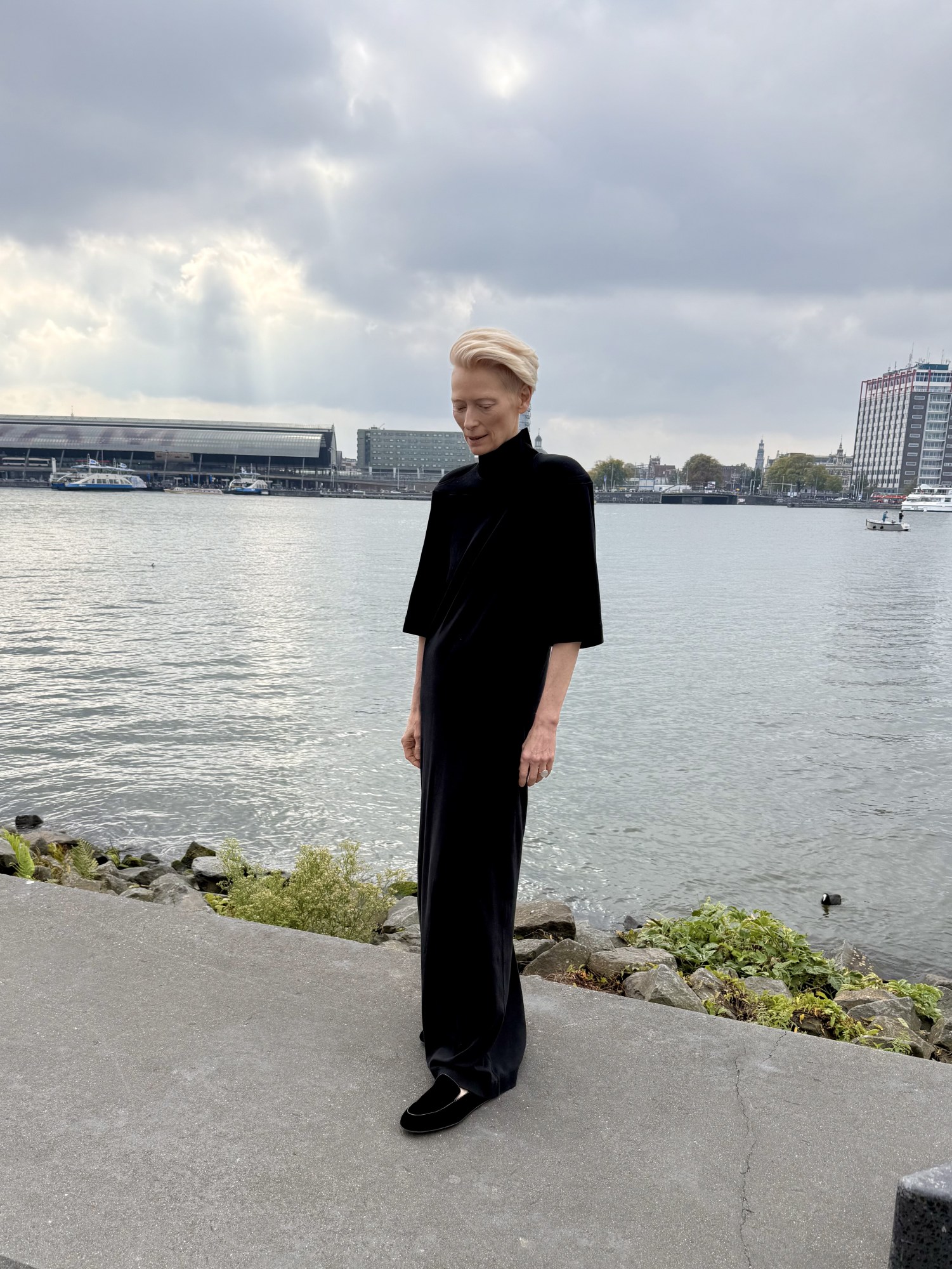 tilda swinton portrait at the eye filmmuseum in 2025 against the water in amsterdam