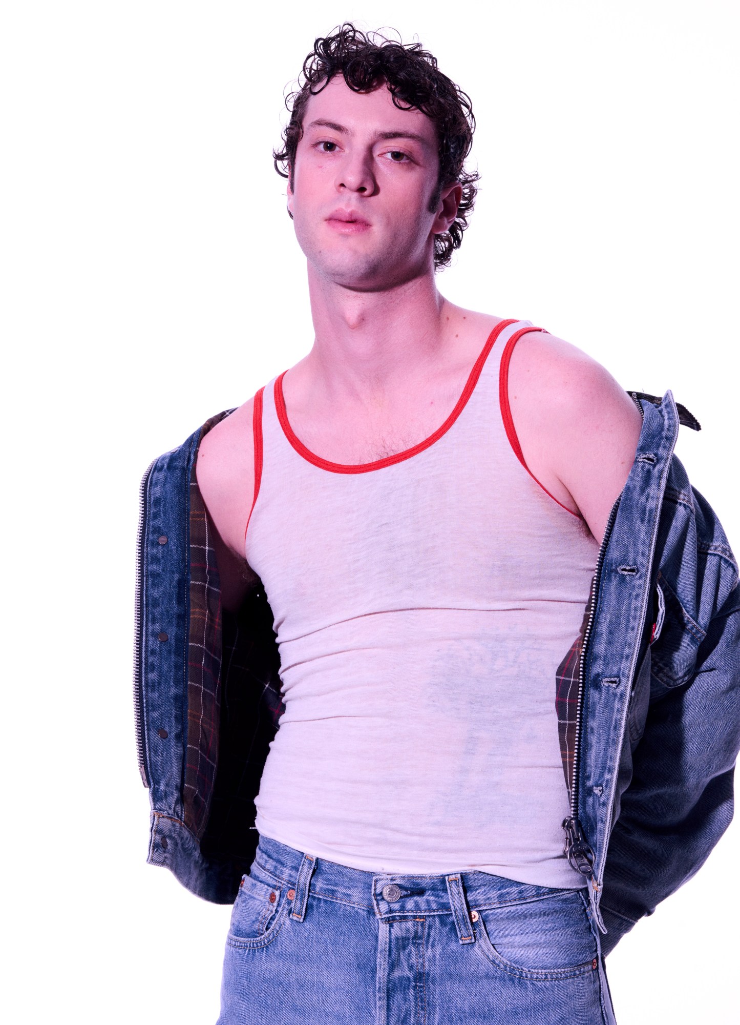 jacket and jeans levi's x barbour. tank vintage courtesy of the society archive.